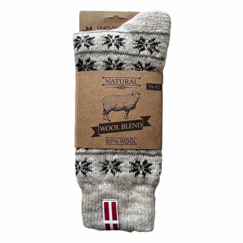 Schwere Wollsocken aus 80% reiner Wolle in Hellgrau mit schwarzem Muster