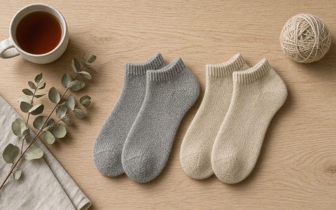 Knöchelsocken aus Wolle in Grau und Beige flach auf einem Holztisch