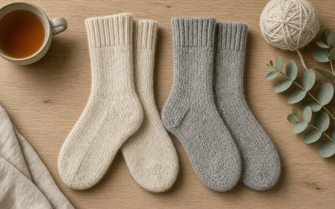 Warme Socken aus Wolle als Flatlay auf einem hellen Eichentisch mit Tee, Wollknäuel und Eukalyptus